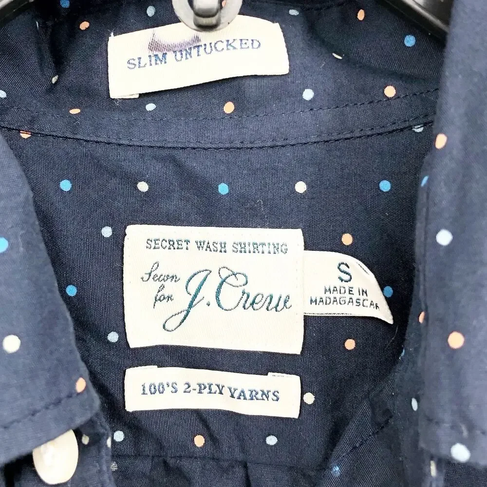 J.CREW Mens Slim Button Down Shirt Small Navy Blue Polka Dots Poplin BJ744 NWT